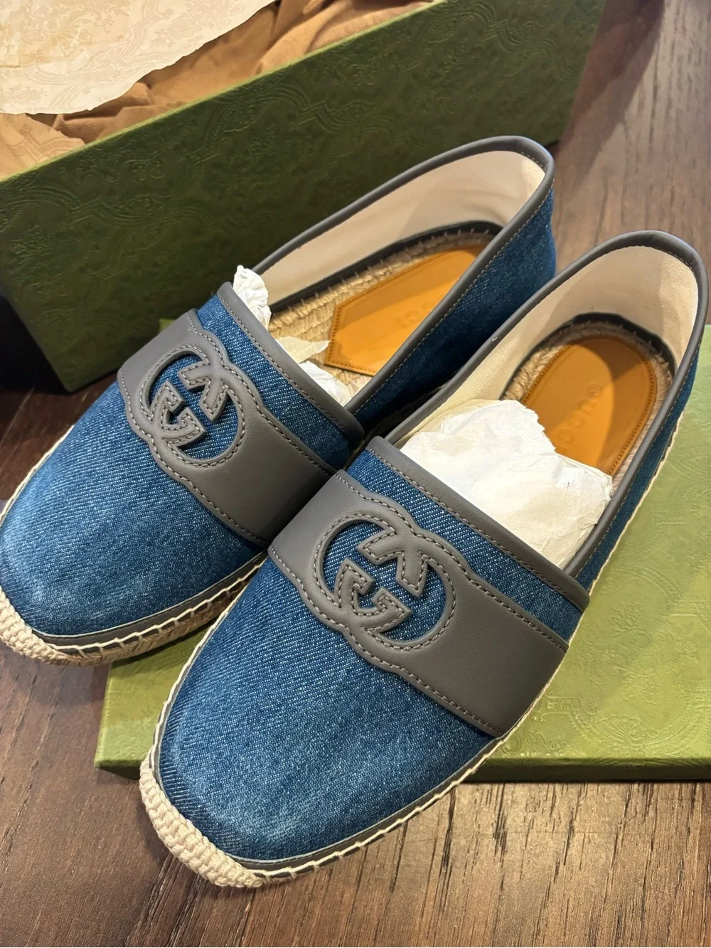 Gucci Denim & Gray Leather Espadrille Loafers